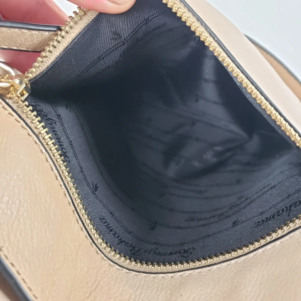 Tommy‎ Bahama Tan Leather Laser Cut Chevron Crossbody Bag Gold Hardware Charm